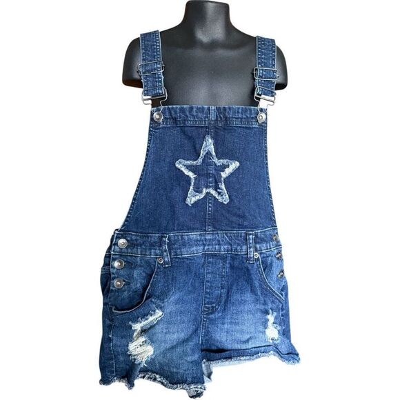 Junior Womens Hot Topic Blackheart Indigo Star Shortalls Denim Jean Overalls - 3 - Picture 3 of 3
